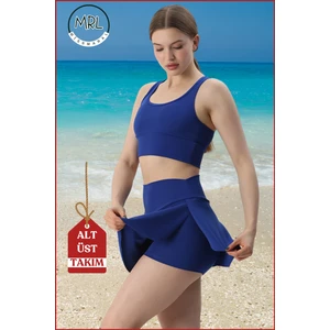 Kadın Alt-Üst Takım Şort & Sabit Pedli Üst Crop Denizde Havuzda Sporda Swimsuit Mavi Takım 3107