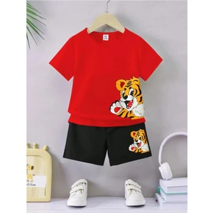 Çocuklar Için Kaplan Baskılı Kısa Kollu Tişört ve Şort Takımı