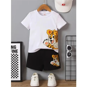 Çocuklar Için Kaplan Baskılı Kısa Kollu Tişört ve Şort Takımı