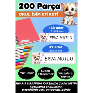 Kt Grup Sevimli Kedicik Kalem Defter Okul Etiketi - Kişiye Özel Isim Yazılabilen 200 Adet Etiket
