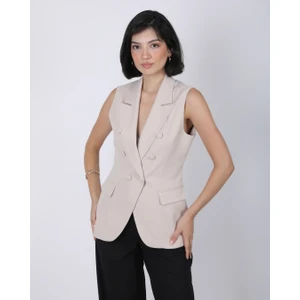Kadın Bej Düğme Detaylı Blazer Yelek