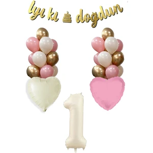 1 Yaş Kız Doğum Günü Konsepti Retro Krem Rakam Iyi Ki Doğdun Bannerlı Balon Zinciri Seti