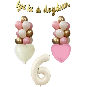 6 Yaş Kız Doğum Günü Konsepti Retro Krem Rakam Iyi Ki Doğdun Bannerlı Balon Zinciri Seti