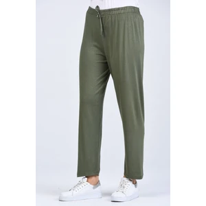 Pamuklu Viskon Ince Yazlık Cepli Jumbo Penye Pijama Pantolon Haki - S-M