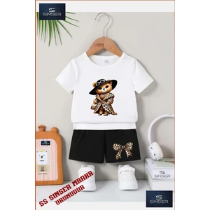 Çocuk UNISEX “AYICIK LEOPAR KURKLU“ Özel Baskılı Bisiklet Yaka Tişört - Şort Takım