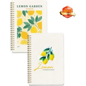 A5 Spiralli Karton Kapak 2’li Set, 1 Çizgili - 1 Çizgisiz Okul Defteri, 148 Sayfa, Mandalalı,limon