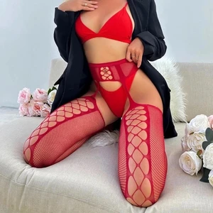 Kadın Kırmızı Jartiyer Desenli Seksi Çorap Erotik Fantezi Esnek Iç Çamaşır