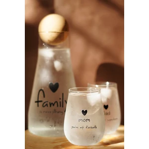 Caga Pinterest Family Mom Dad Desenli 2 Parça Bardak ve Borosilikat Cam Sürahi (900 Ml) Takım Seti