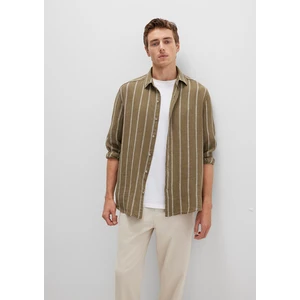 Keten Karışımlı Çizgili Haki Gömlek 0211730-91111
