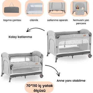 Omega Anne Yanı Sallanır Cibinlikli Oyun Parkı Park Yatak Bebek Beşik 70X110 cm