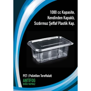 1000 cc - 1000 gr Sızdırmaz Kap Kendinden Kapaklı 100 Adet PET ( Polietilen Tereftalat)