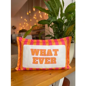 What Ever Yazılı Çift Taraflı Dekoratif Süet Turuncu Çizgili Kırlent Kılıfı - 30X50CM