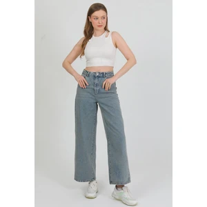 Kadın Mavi Midi Boy Bol Paça Kot Pantolon