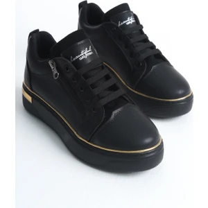 Dına Bağcıklı Fermuarlı Ortopedik Taban Kadın Sneaker Spor Ayakkabı - St Siyah/altın