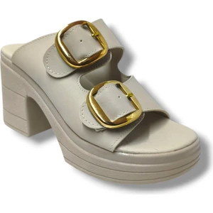 K505-25 Deri Anatomik Çift Bant  Dolgu Topuklu Kadın Terlik