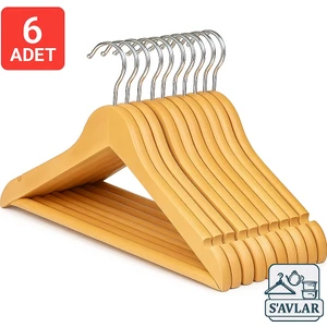 Savlar 6’lı Kaymaz Ahşap Askı Seti – Dönebilen Kanca, Elbise Ceket Pantolon Askısı-