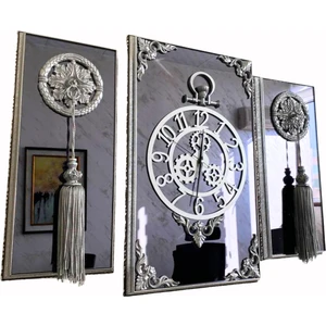 3lü Gümüş Dikdörgen Aynalı Çerçeveli Püsküllü Duvar Saati Takımı, Wall Clock, Hediye, MS38-1