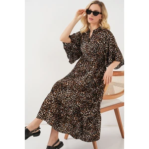 Kadın Desenli Kısa Kol Elbise 2562 - C. Kahverengi