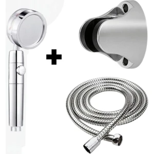 Turbo Fanlı 3'lü Set  Gri 5 Fonksiyonlu Turbo Jet Pervaneli Duş Başlığı+ Örgülü Hortum+Askı Aparatı
