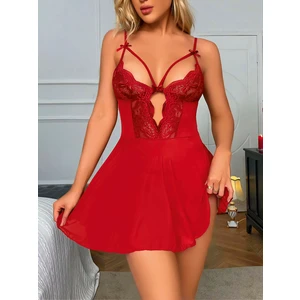 Aria's Closet Kırmızı Dantel Işlemeli Göğüs Ip Detaylı Fantezi Tül Gecelik Takımı