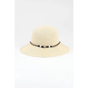 Deri Detaylı Boncuklu Hasır Şapka