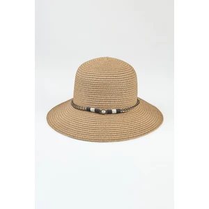 Deri Detaylı Boncuklu Hasır Şapka