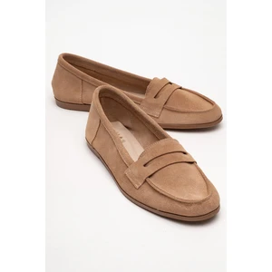 F02 Koyu Bej Süet Hakiki Deri Kadın Babet