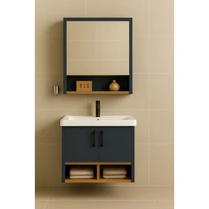 DMZ Home Concept Legna 65 cm Banyo Dolabı Takımı – Antrasit & Ahşap – Tamamı Mdf – Seramik Lavabolu – Alt ve Üst Dolaplı