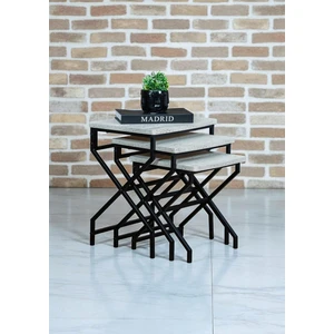 Dekoratif 3’lü Zigon Sehpa Metal Ayaklı Beyaz Ahşap Kare Misafir Servis Sehpası Orta Sehpa