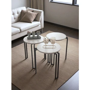 Dekoratif 3’lü Zigon Sehpa Metal Ayaklı Beyaz Ahşap Yuvarlak Misafir Servis Sehpası Orta Sehpa