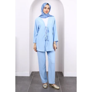 Mavi Ön Bağlamalı Bürümcük Kimono Pantolonlu Takım
