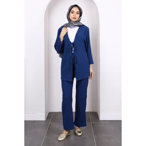 Indigo Ön Bağlamalı Bürümcük Kimono Pantolonlu Takım