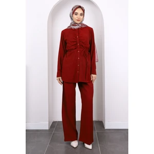 Bordo Ön Drapeli Tunik Pantolonlu Takım