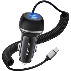 SUNDAREE 51W Yaylı Şarj Kablolu 2 Girişli Type-C ve Usb Hızlı CE+Rohs Lisanslı Orjinal Sağlam Araç Şarjı
