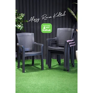 Roma Rattan Sırtlı Kollu Koltuk Balkon Bahçe Sandalyesi 4'lü Set