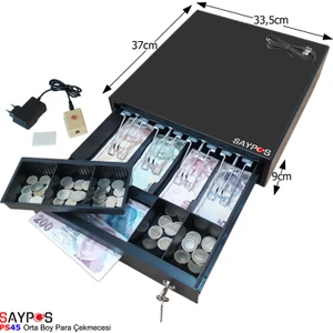 4 Banknot Gözlü Kolay Açma Buton ve Adaptörlü, Anahtardan Açılır Orta Boy Para Çekmecesi 33,5x37x9cm