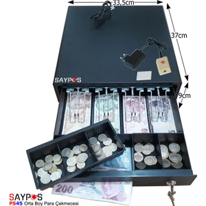 4 Banknotlu Kolay Açma Buton Adaptörlü Anahtardan Açılır Orta Boy Para Çekmecesi 33,5x37x9cm