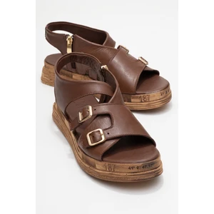 Levıne Kahverengi Hakiki Deri Tokalı Yandan Fermuarlı Kadın Sandalet