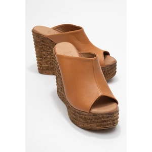 Nelly Taba Cilt Hakiki Deri Kadın Dolgu Topuklu Terlik