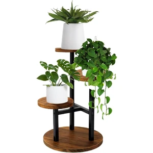 Çiçeklik 3 Raflı Saksılık Dekoratif 3 Raflı Çiçeklik Metal Doğal Ahşap Saksılık Çiçek Rafı Daire Model