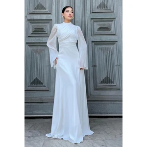 Göğüs Büzgü Detaylı Arkadan Bağlamalı Abiye Elbise 2287-BEYAZ