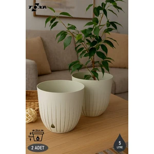 2 Adet 5 Litre Çizgi Saksı Seti 21cm Tabaklı Delikli Plastik Drenajlı Çiçek Saksısı Set