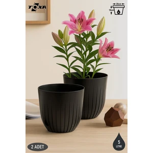 2 Adet 5 Litre Çizgi Saksı Seti 21cm Tabaklı Delikli Plastik Drenajlı Çiçek Saksısı Set