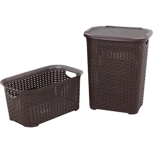 Plastik Rattan Hasır Görünümlü Kirli Çamaşır Sepeti- Çamaşır sepeti 2'li Set Kahverengi