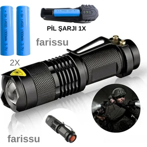 Taktik Tip Zoomlu El Feneri | 2 Adet 1900 Mah Pil + Şarj Cihazı | 3 Mod | Süper Parlak LED