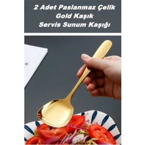 Pratik 2 Adet Paslanmaz Gold Çelik Lüx Servis Salata Kaşığı Spatula Çelik Yemek Servis Kaşığı 21CM