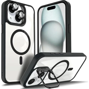 Iphone 15 Kılıf Standlı Mika Magsafe Hassas Butonlu Metal Tuşlu Kapak + Kamera Lens Camı Hediyeli Set