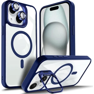 Iphone 15 Kılıf Standlı Mika Magsafe Hassas Butonlu Metal Tuşlu Kapak + Kamera Lens Camı Hediyeli Set