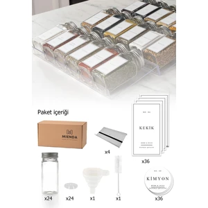 Mienda Home 24'lü Şeffaf Pleksi Standlı Cam Kapaklı Baharatlık Seti Etiket Fırça Huni Hediyeli MH02SLVR24F
