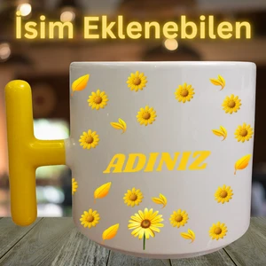 Isme Özel Sarı Çiçekli Mola – 240 ml Sarı T Kulplu Porselen Kupa